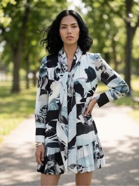 NWOT Alexander McQueen Light Blue and Black Floral Tie-Neck Long Sleeve Dress